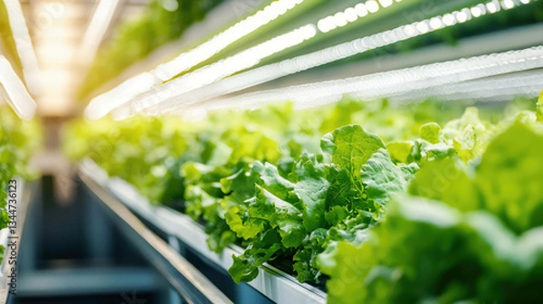 Fototapeta Rows of fresh leafy greens in a clean vertical farming facility, efficient irrigation and lighting