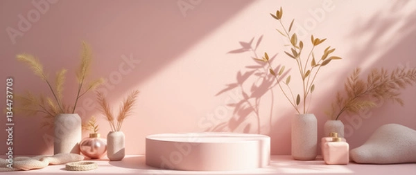 Fototapeta pastel pink minimalist product display with dried plants and soft lighting