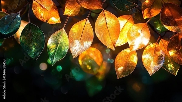 Fototapeta  A focused photo of tree branches adorned with leaves, set against a backdrop of bright lights The foliage in the foreground is slightly out-of-