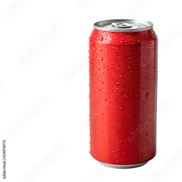 Fototapeta A chilled red aluminum soda can with water droplets, isolated on white or transparent PNG. Ideal for summer refreshment ads and beverage branding.