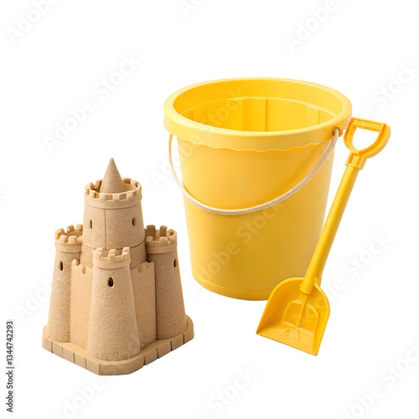 Obraz A yellow beach bucket with a small sandcastle and shovel, isolated on white or transparent png. Great for summer designs, beach fun, and kids' vacation themes.