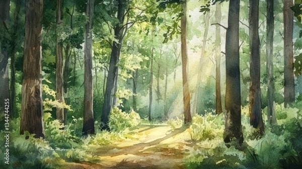 Fototapeta Watercolor forest path sunlight
