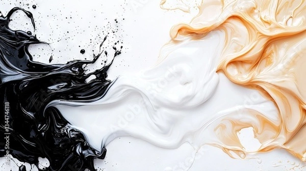 Fototapeta   A white, black, and orange liquid swirls on a white and black surface with a splash of water at the base