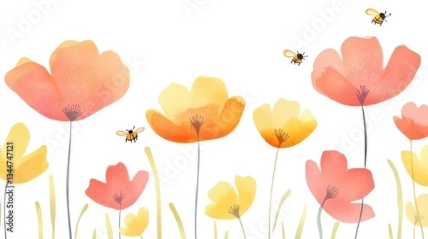 Fototapeta Watercolor poppies, bees, meadow, summer, greeting card