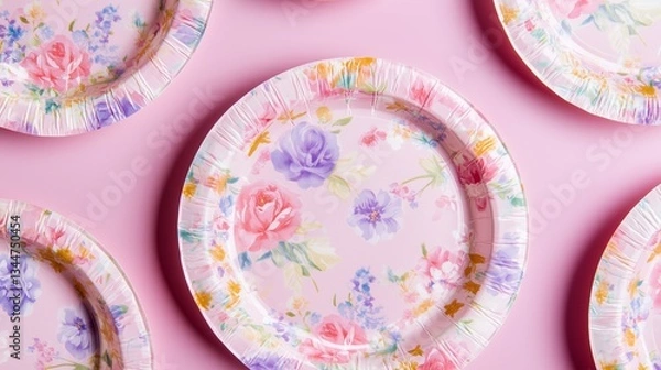 Fototapeta top view pattern of party paper plates with pastel floral print, pink solid color background