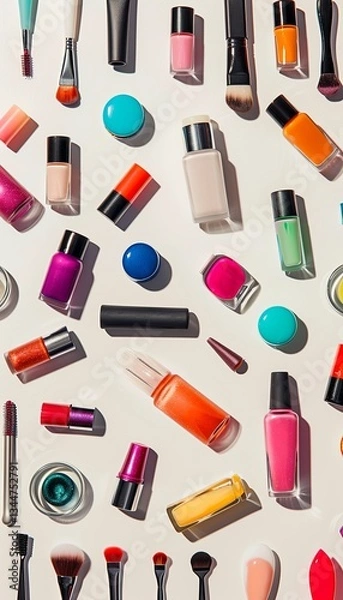 Fototapeta Colorful nail polish and manicure tools neatly arranged on a light surface for a vibrant beauty experience Generative AI