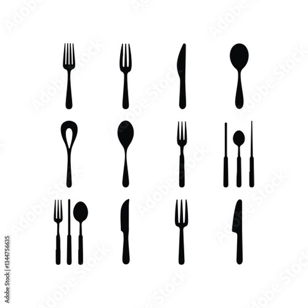 Fototapeta cutlery - fork, knife, spoon, teaspoon silhouette shape, set of black and white vector illustration, Continuous One Line Drawing. Spoons, Forks, Knife, Eating Utensils. Cooking Utensils Line Artvector