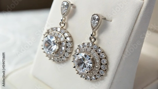 Fototapeta Silver Earrings with Cubic Zirconia on White Background