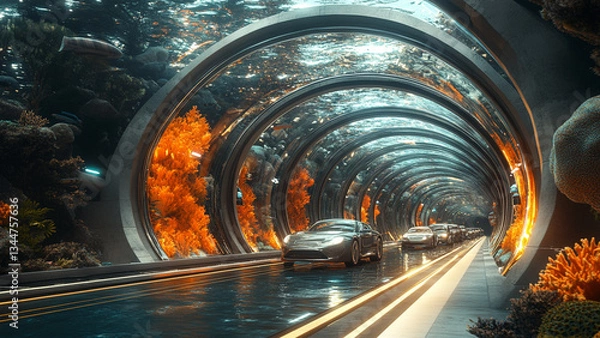 Obraz A futuristic glass tunnel beneath the ocean surface, featuring sleek, modern cars traveling through it. The tunnel is surrounded by vibrant coral reefs, colorful marine life, and clear blue water