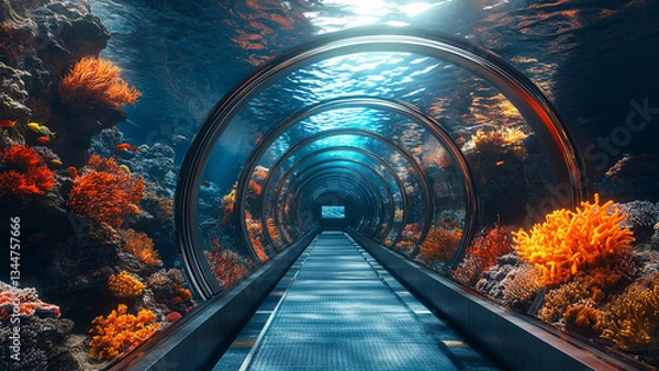 Obraz A futuristic glass tunnel beneath the ocean surface, featuring sleek, modern cars traveling through it. The tunnel is surrounded by vibrant coral reefs, colorful marine life, and clear blue water