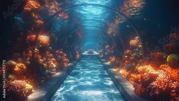 Obraz A futuristic glass tunnel beneath the ocean surface, featuring sleek, modern cars traveling through it. The tunnel is surrounded by vibrant coral reefs, colorful marine life, and clear blue water