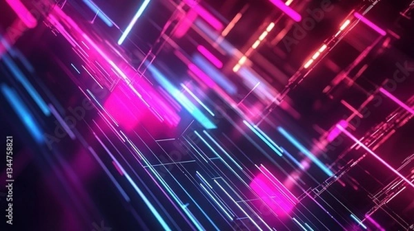Fototapeta Bright Neon Lines and Geometric Shapes in Abstract Background
