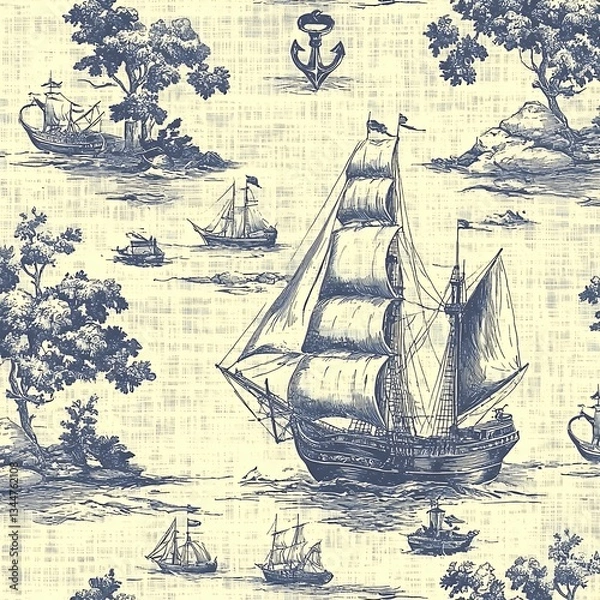 Obraz Blue and Beige Toile Print Sailing Ships and Coastal Scenery
