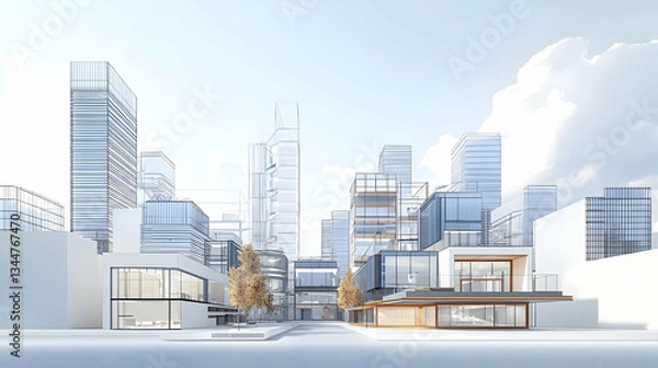 Obraz Architectural Cityscape Depicting Modern Buildings And Residential Structures Under A Clear Blue Sky