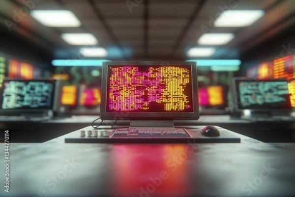Fototapeta High-tech industrial control room, large monitors showcasing intricate data, organized layout of screens and consoles, symbolizing innovation and advanced technology.