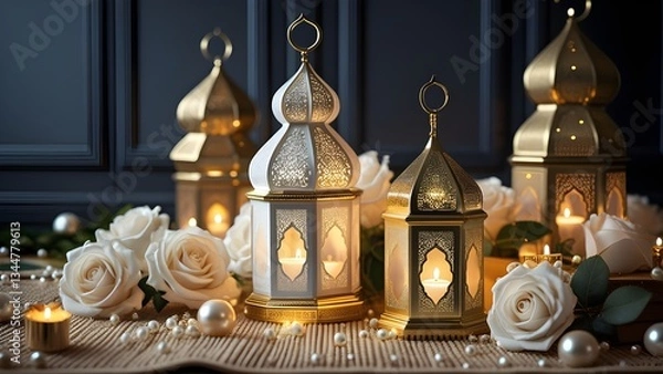 Fototapeta Elegant Ramadan Lanterns with White Roses and Candlelight