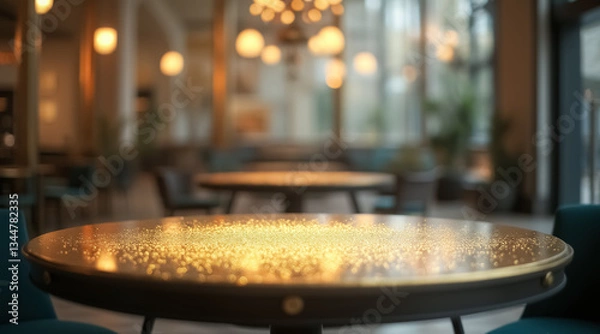 Fototapeta round table in a restaurant with golden sparkles on its surface