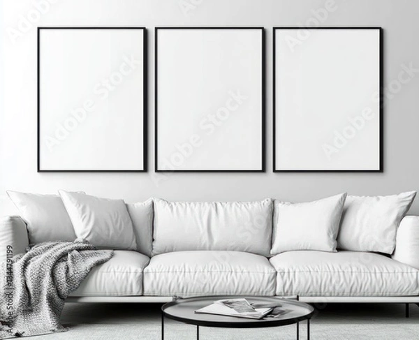 Fototapeta White sofa, triptych frames, minimalist room, mockups