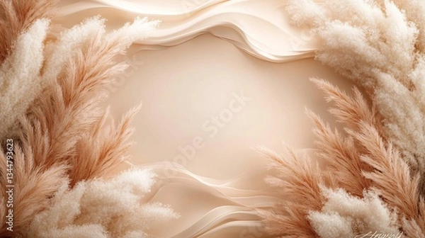 Fototapeta A bohemian-style gender reveal invitation with soft beige, white, and dusty pink pampas grass framing the edges. Delicate golden leaves and a warm cream-colored background create a cozy and elegant de