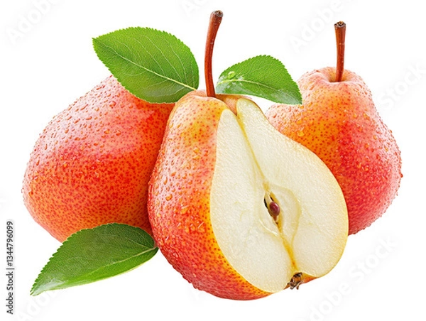 Fototapeta Pears isolated on transparent background. Tasty and ripe fruit with green leaves. Whole and cut in half juicy fruits. Suitable for product design. Color photography.