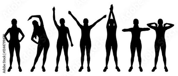 Fototapeta Silhouette of a woman performing different stretching and warm-up exercises, set. Vector illustration