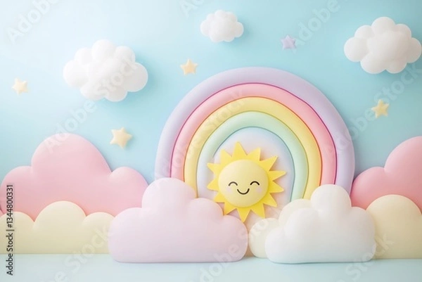 Fototapeta Pastel-colored birthday party backdrop with clouds and rainbow