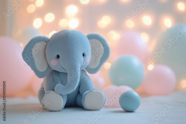 Fototapeta Festive background for a baby birthday party with clouds and toy elephant