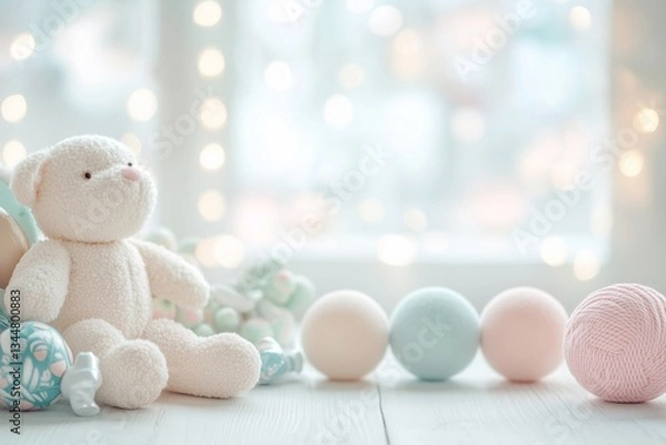 Fototapeta Festive background for a baby birthday party with toy bear and colorful balls
