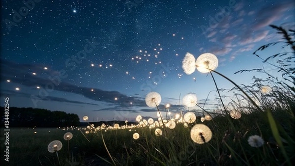 Fototapeta Elegant glowing dandelion gently floating