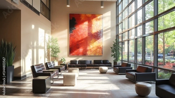 Fototapeta Spacious lounge area with modern seating arrangement and colorful abstract painting
