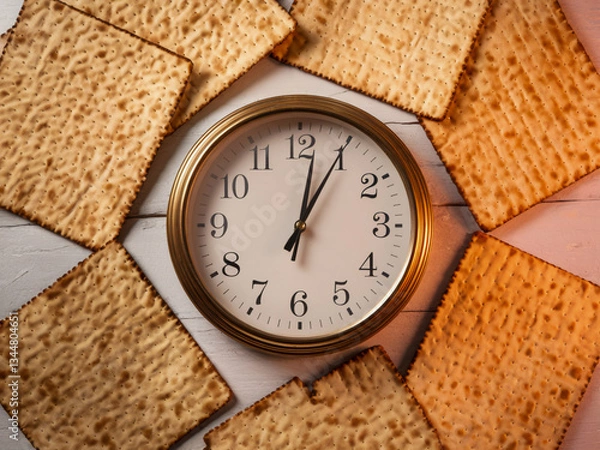 Obraz Clock surrounded by matzot on wooden surface