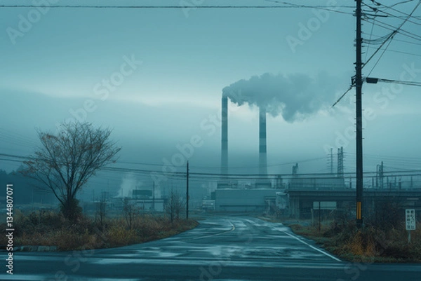 Fototapeta Industrial landscape shrouded in fog with towering smokestacks releasing plumes of smoke, depicting a serene yet somber atmosphere in the early hours of the day