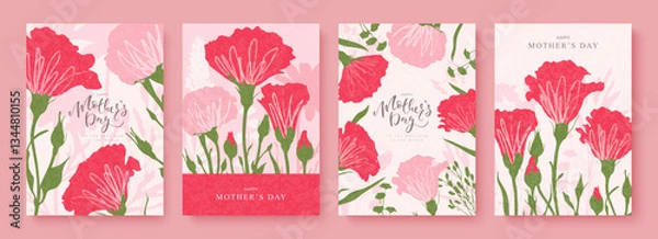 Obraz Happy Mother's Day. Set of spring postcards with hand drawn flowers. Red and pink carnations and beautiful handwritten inscription. Collection of templates for the design of festive promotional