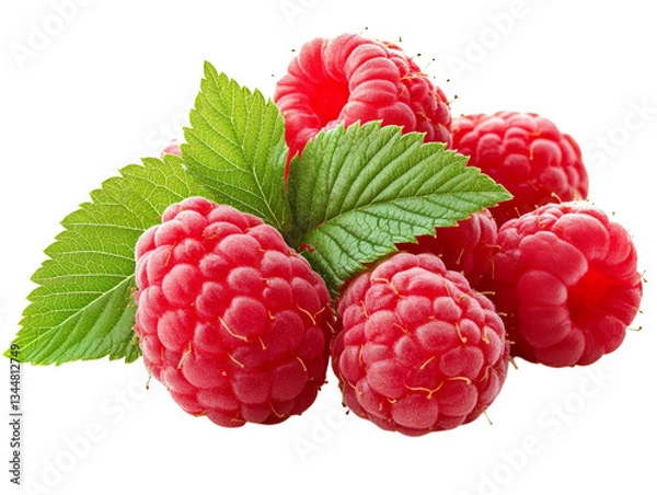 Fototapeta Raspberry Isolated on Transparent Background. Tasty and Ripe Red Berries with Green Leaves. Whole Juicy Fruits. Suitable for Product Design and Food Packaging. Color photo.