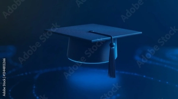 Fototapeta A graduation cap hovers in a vibrant atmosphere filled with soft blue lights, symbolizing achievement and celebration during a graduation ceremony.