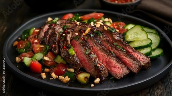 Obraz beef salad with green herbs and spicy flavors