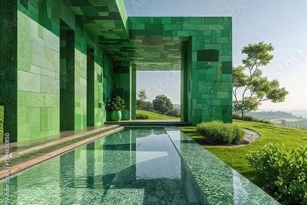 Fototapeta Striking Abstract Green Architecture with Elegant Mosaic Tiles and Fresh Scenery