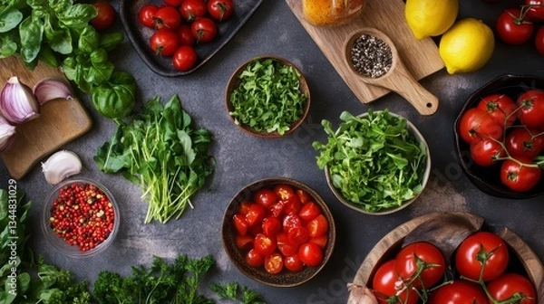 Fototapeta Fresh tomatoes, basil, and greens arranged for cooking