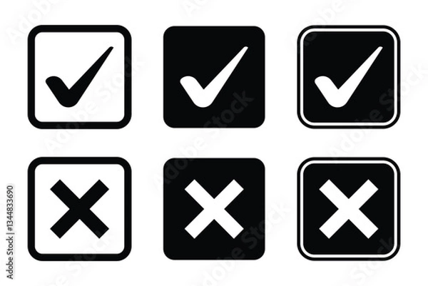 Fototapeta Set of black check marks and crosses icon collection. check box icon with right and wrong buttons and yes or no check-mark icons.