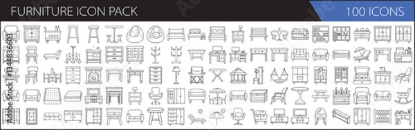 Fototapeta Furniture icon pack with 100 outline designs - A set of 100 outline furniture icons featuring chairs, tables, sofas, cabinets, and other home interior elements in a minimalistic style.  
  
