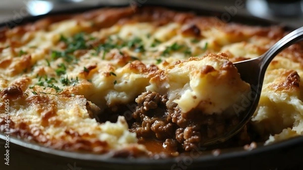 Fototapeta Perfectly browned shepherds pie served in a rustic setting with savory meat and creamy mashed potatoes
