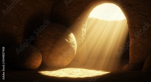 Obraz Empty tomb with large stone rolled away illuminated by golden sunrise symbolizing resurrection