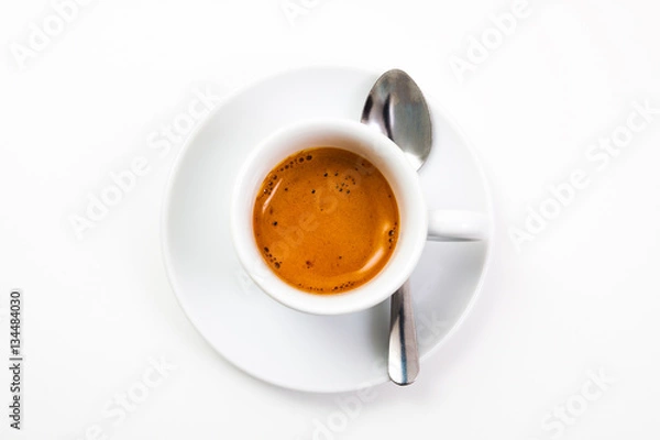Obraz top view a cup of fresh espresso coffee, close-up