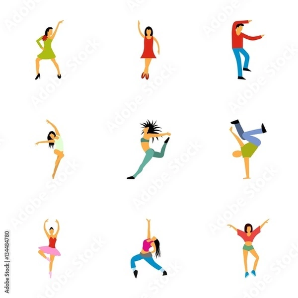 Obraz Types of dances icons set, flat style