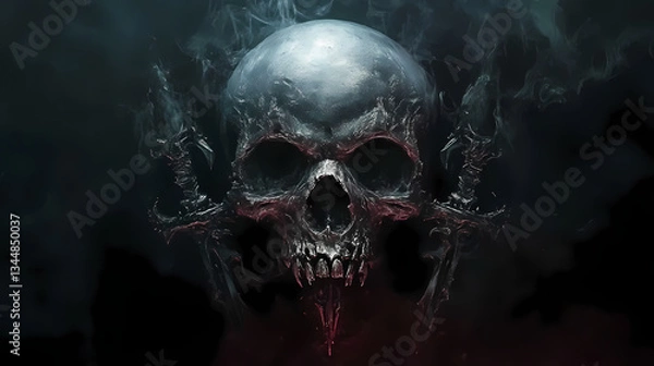 Fototapeta Dark gothic skull illustration with intricate metallic weapons and a haunting, macabre atmosphere. Cursed Blade. Illustration