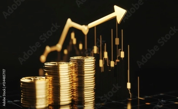 Fototapeta Abstract illustration of gold coins and an upward arrow on a black podium, rising with a business growth concept	
