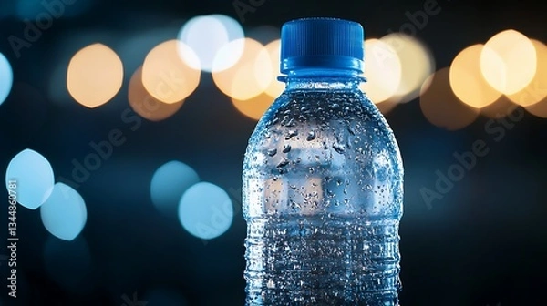 Fototapeta Close-up of a cold water bottle with condensation, blurred city lights background.