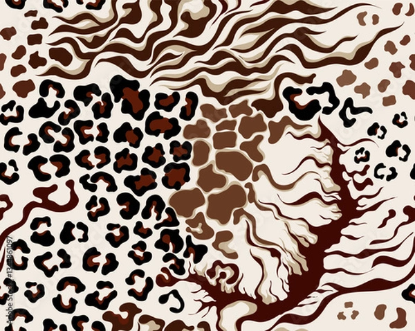 Fototapeta Leopard, zebra, tiger and giraffe pattern. Animals collage pattern. Seamless patchwork pattern design