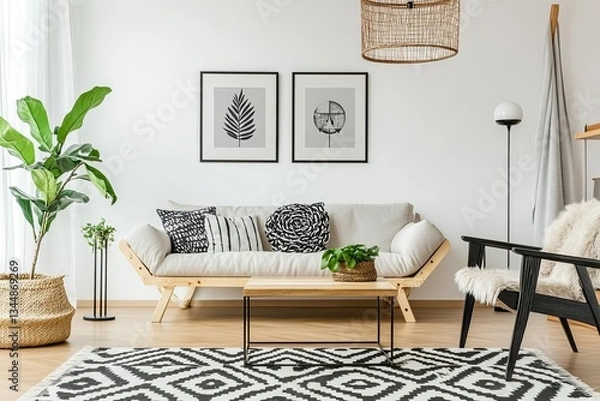 Fototapeta A Scandinavian-style living room with black and white posters on the wall, featuring abstract shapes in shades of gray, along with stylish wooden furniture