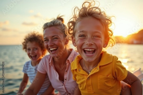 Fototapeta Happy mother with two joyful children laughing together by the ocean at sunset, enjoying a fun family vacation with warm golden light and carefree smiles